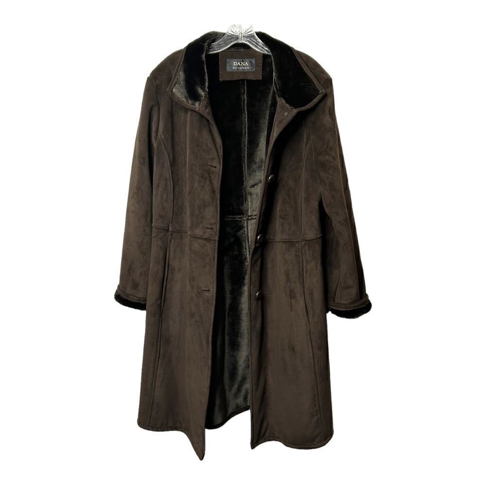 DANA BUCHMAN Chocolate Brown Coat Fur Trim Jacket Knee Length Buttons Womens